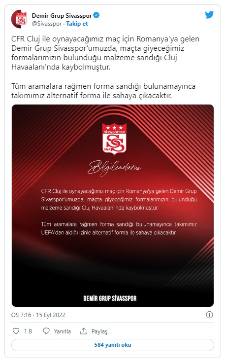 Sivasspor'un formaları Cluj Havaalanı'nda kayboldu